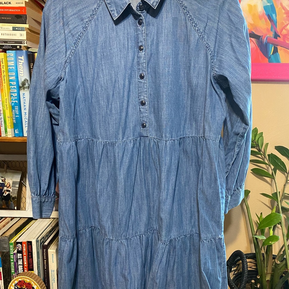 Madewell Blue Buttoned Tiered Dress with Notched Collar